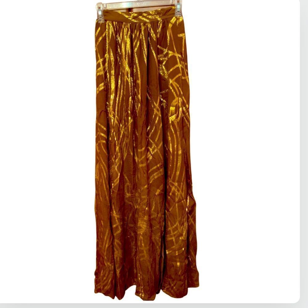 Rachel Zoe silk maxi slit skirt brown/gold